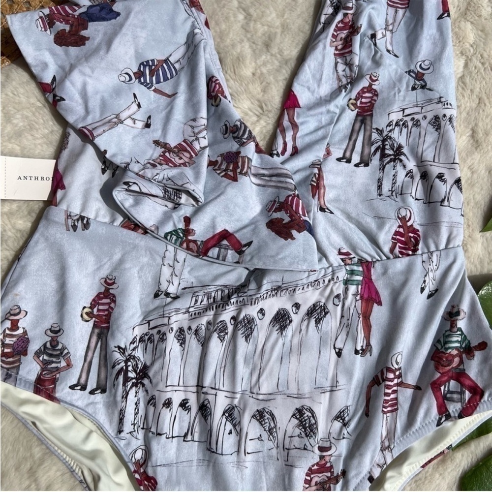 PatBO Rio Print Ruffle Deep V One Piece Swimsuit NWT Brazil Anthro Large - Picture 5 of 12